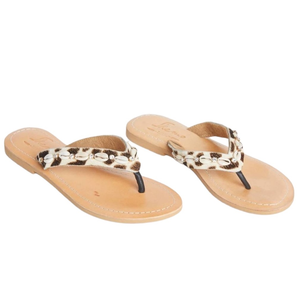 LN Skemo Savannah Leopard Embellished Leather Rhinestone Shell Slide Sandals - 7 - Picture 15 of 15